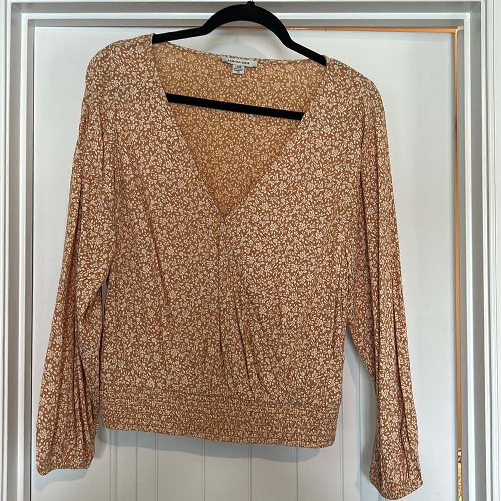 American Eagle Orange Floral Surplice Long Sleeve Top